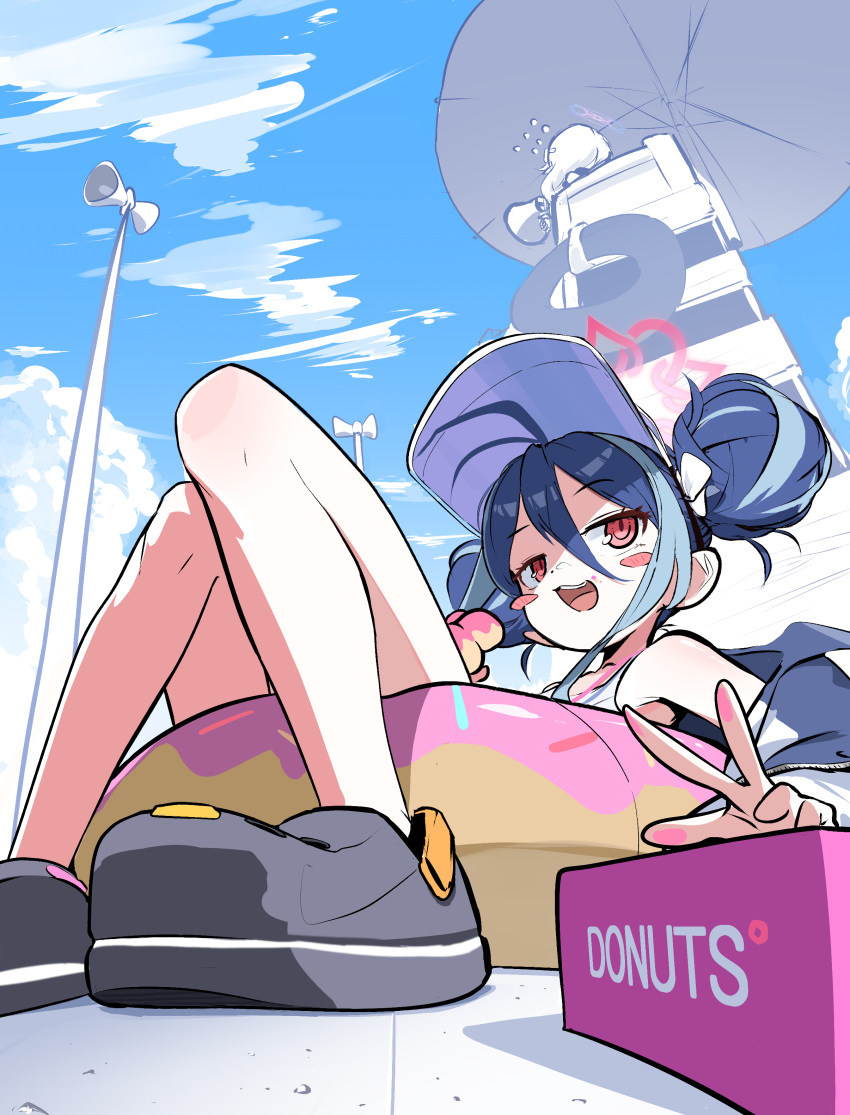 1girl, absurdres, bikini, blue_archive, blue_hair, blue_sky, blush_stickers, clouds