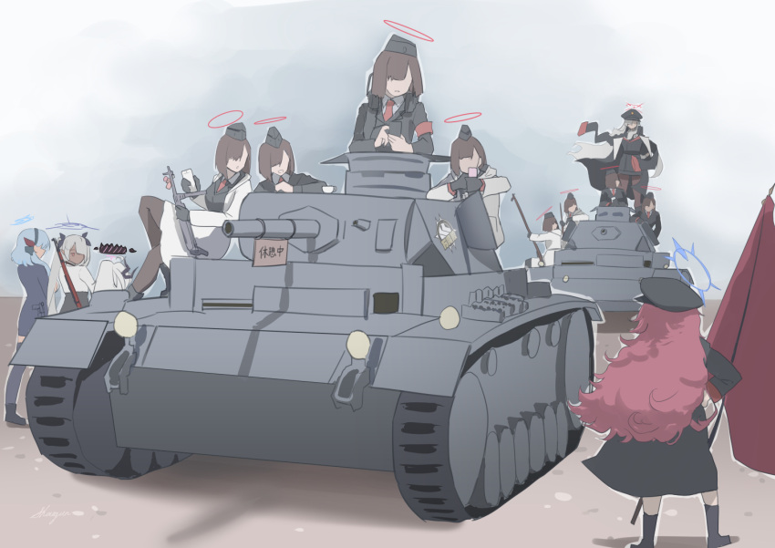 6+girls, ako_(blue_archive), blue_archive, cellphone, dark-skinned_female, dark_skin, flag, gehenna_academy_logo