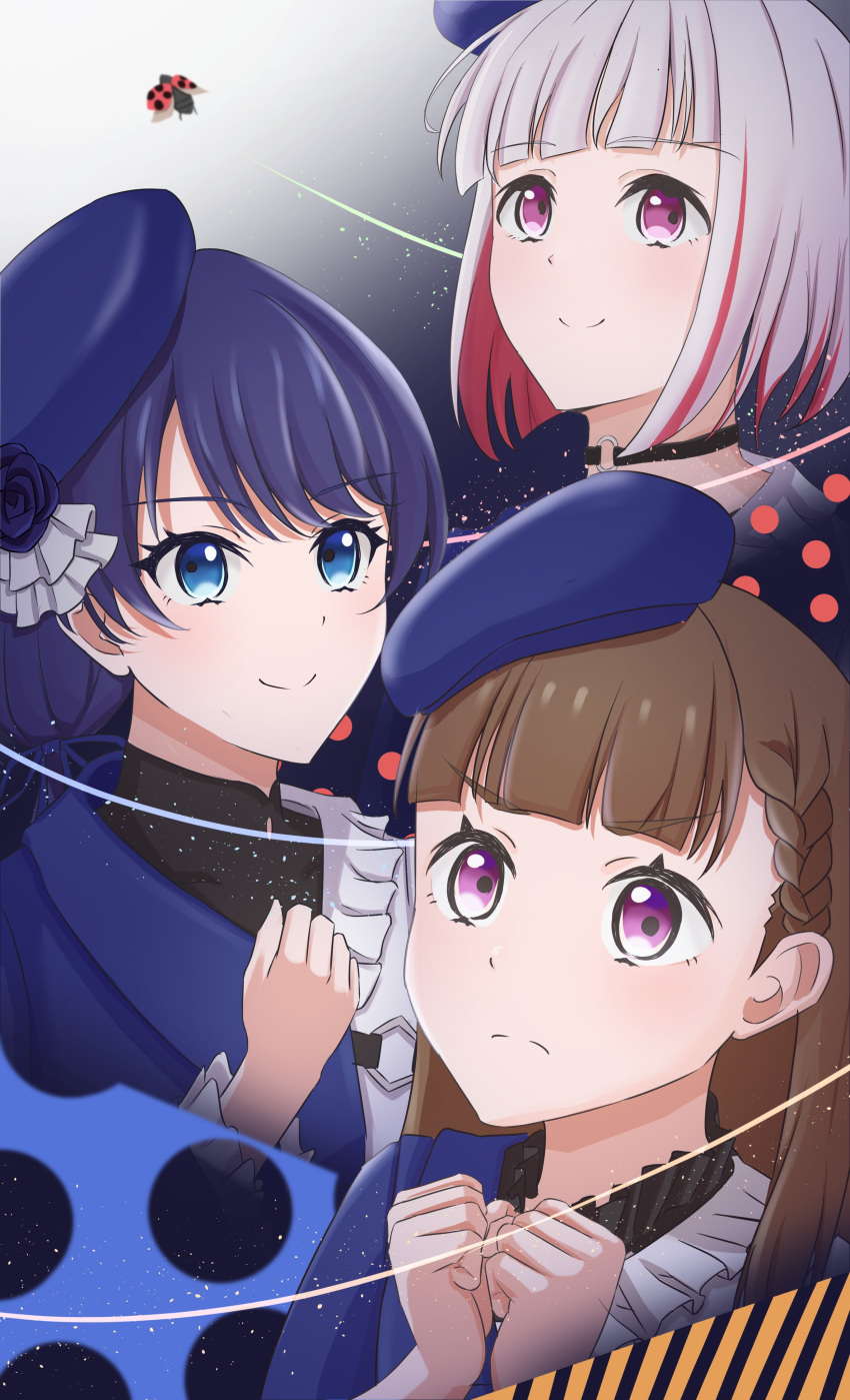 3girls, absurdres, black_choker, blue_background, blue_eyes, blue_flower, blue_hair, blue_hat