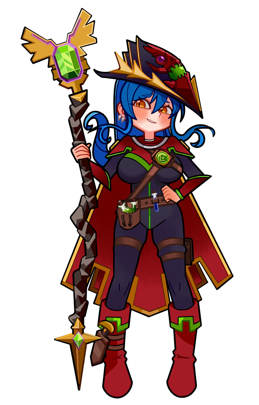1girl, absurdres, armor, belt_buckle, belt_pouch, blue_hair, bodysuit, boot_knife, boots, breasts, buckle, cape, commentary, commission, completionist_cape_(runescape), completionist_cape_(t)_(runescape), dang_(runescape), duellist's_cap_(tier_6), english_commentary, full_body, hand_on_own_hip, hat, highres, holding, holding_staff, long_hair, mage_staff, medium_breasts, noxtwice, original, pouch, runescape, simple_background, smile, smug, solo, spiked_ear_piercing, staff, staff_of_armadyl_(runescape), standing, weapon, yellow_eyes