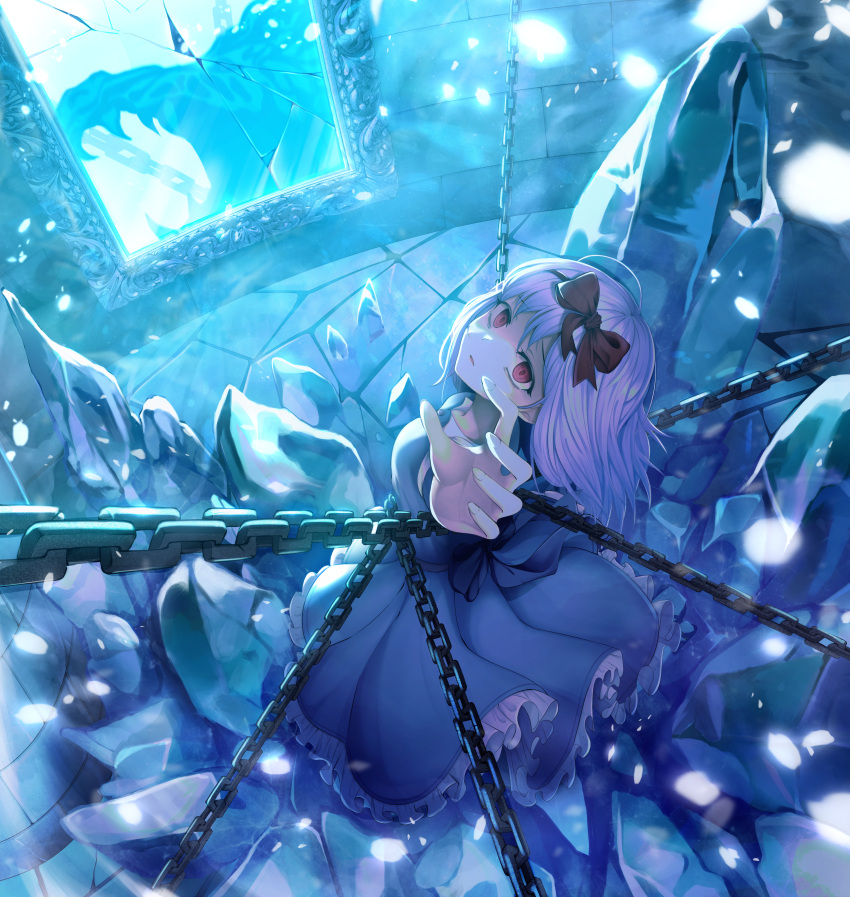 1girl, absurdres, black_souls, blue_dress, broken_glass, broken_mirror, chain, chained, dress, hair_ribbon, indoors, long_hair, looking_at_viewer, pixiv, red_eyes, red_ribbon, snow_white_(black_souls), solo, wall, white_hair
