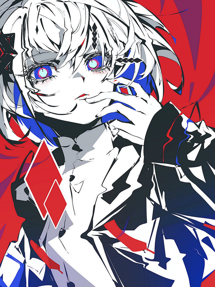 1girl, amu_(aa4122aa), aqua_pupils, black_jacket, blue_eyes, blue_hair, cevio, colored_inner_hair, diamond_earrings, diamond_hair_ornament, earrings, hair_ornament, hand_up, highres, hood, hood_down, hooded_jacket, jacket, jewelry, kamitsubaki_studio, long_sleeves, looking_at_viewer, mandarin_collar, multicolored_eyes, multicolored_hair, open_clothes, open_jacket, red_background, rime_(cevio), shirt, short_hair, solo, upper_body, white_hair, white_shirt