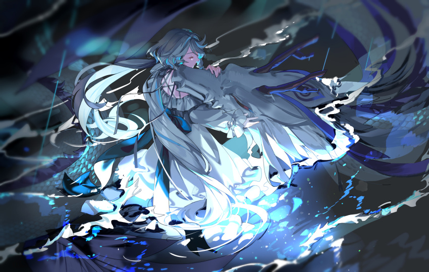 1girl, blue_hair, closed_eyes, dragon, dress, fingernails, furina_(genshin_impact), genshin_impact