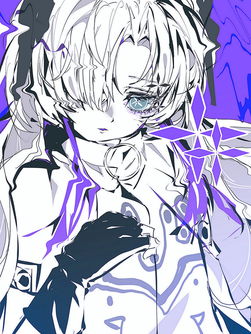 1girl, amu_(aa4122aa), asymmetrical_sleeves, blue_eyes, cevio, coat, fingerless_gloves, gloves, hair_ornament, hair_over_one_eye, hand_up, high_collar, highres, kamitsubaki_studio, long_hair, looking_at_viewer, multicolored_coat, o-ring, purple_background, sekai_(cevio), solo, star-shaped_pupils, star_(symbol), star_hair_ornament, symbol-shaped_pupils, uneven_sleeves, upper_body, white_coat, white_hair