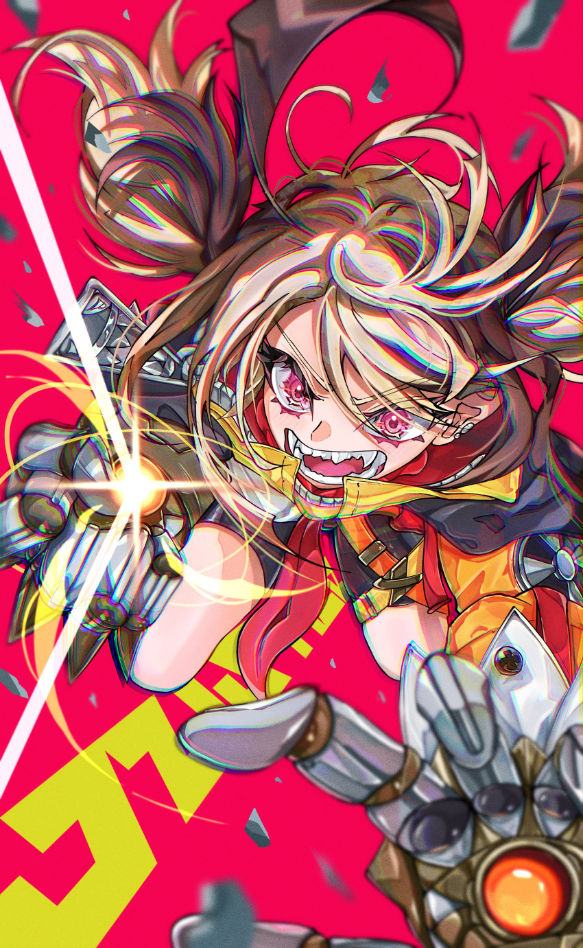 1girl, absurdres, ahoge, black_shorts, blush, brown_hair, fangs, gigi_murin, gummy_candy_93, highres, hololive, hololive_english, multicolored_hair, open_mouth, sharp_teeth, short_hair, shorts, solo, teeth, two-tone_hair, two_side_up, violet_eyes, virtual_youtuber, zipper_pull_tab