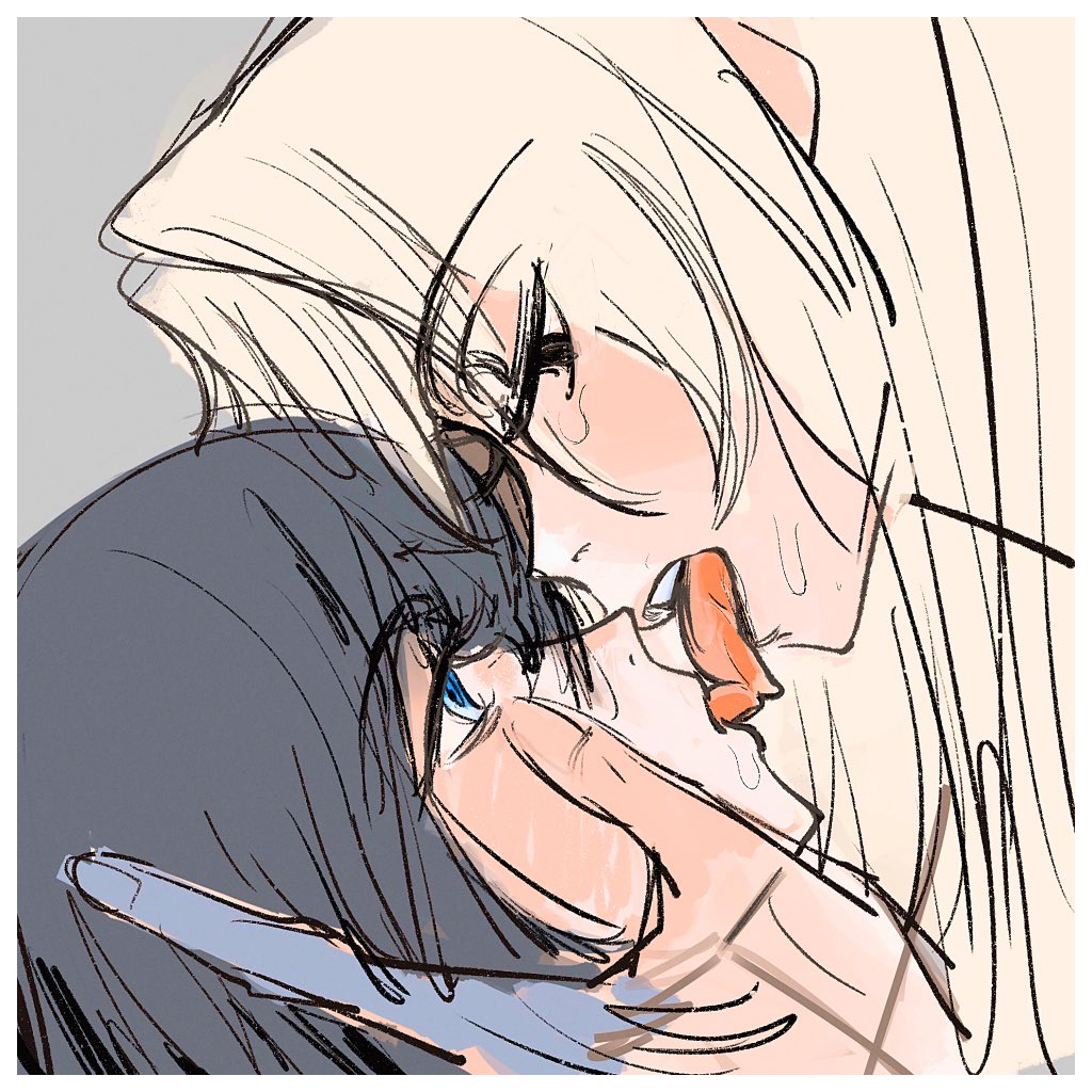 2girls, black_hair, blonde_hair, blue_eyes, blush, commentary_request, french_kiss, grey_background, hand_on_another's_face, kamikoshi_sorawo, kiss, long_hair, m_no_harawata, multiple_girls, nishina_toriko, saliva, short_hair, simple_background, tongue, tongue_out, urasekai_picnic, yuri