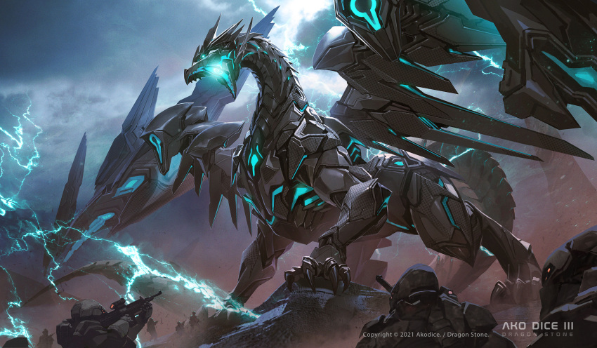 blue_eyes, claws, clouds, cloudy_sky, company_name, dragon, electricity, glowing