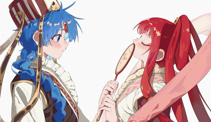 1boy, 1girl, absurdres, aladdin_(magi), blue_eyes, blue_hair, blush, braid, braided_ponytail, chinese_clothes, chinese_hairpin, closed_eyes, forehead_jewel, hair_ornament, hair_rings, hair_stick, hand_fan, hanfu, hat, head_chain, hetero, highres, holding, holding_fan, holding_staff, jewelry, jiazi, long_hair, looking_at_another, magi_the_labyrinth_of_magic, pink_hanfu, profile, redhead, ren_kougyoku, robe, shawl, simple_background, single_braid, staff, white_background, white_hanfu, wide-eyed