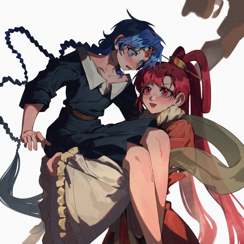 1boy, 1girl, :d, aladdin_(magi), belt, black_robe, blue_eyes, blue_hair, blush, braid, braided_ponytail, chinese_clothes, chinese_hairpin, forehead_jewel, hair_ornament, hair_rings, hair_stick, hanfu, head_chain, hetero, highres, holding, holding_staff, jewelry, jiazi, lifting_person, long_hair, looking_at_another, magi_the_labyrinth_of_magic, open_mouth, pink_hanfu, red_eyes, redhead, ren_kougyoku, robe, shawl, simple_background, single_braid, smile, staff, white_background, white_hanfu, wide-eyed, wide_sleeves