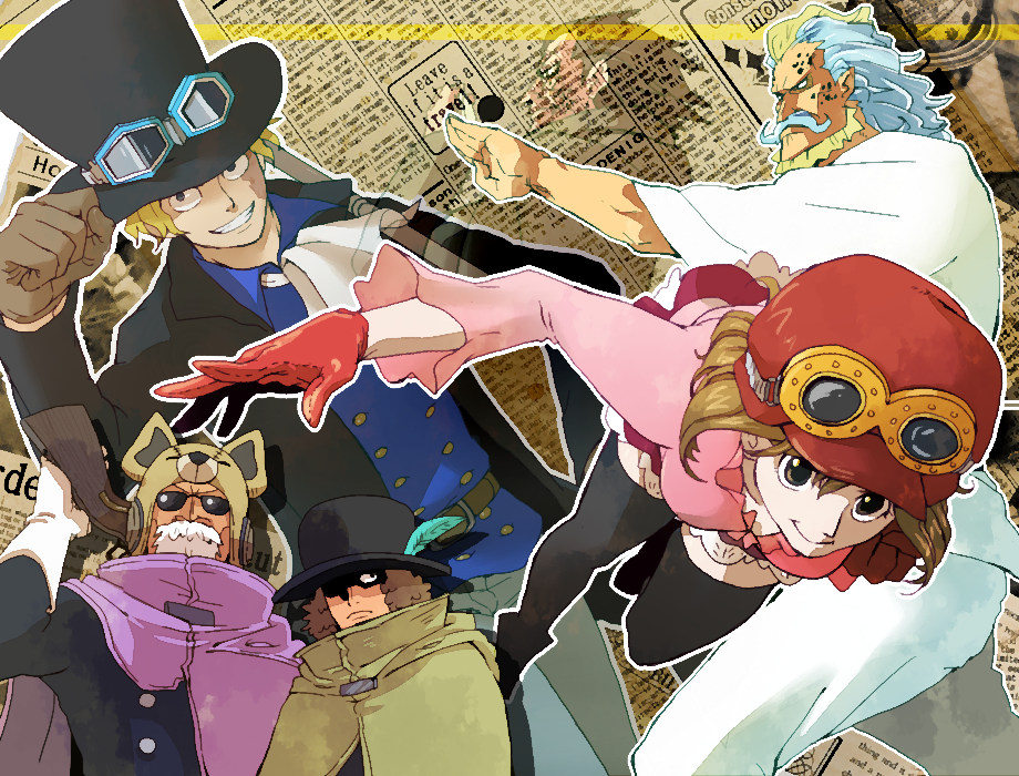 1girl, 5boys, ascot, beard, black_thighhighs, blonde_hair, blue_feathers, brown_gloves