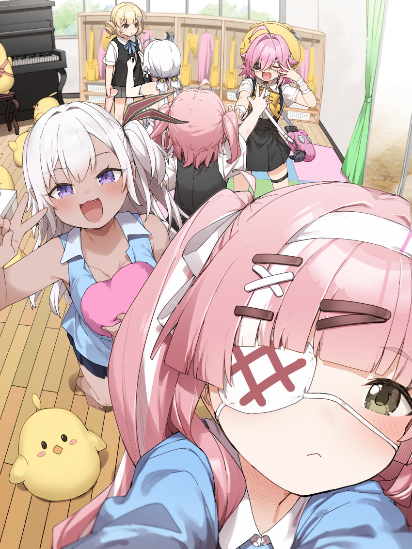 6+girls, absurdres, ahoge, azur_lane, bag, bandages, bird, black_vest, blonde_hair, blue_ribbon, blue_shirt, blush, charm_(object), chuunibyou, classroom, closed_eyes, closed_mouth, dark_skin, eldridge_(after-school_good_girl)_(azur_lane), eldridge_(azur_lane), eyepatch, hair_between_eyes, hair_ornament, hair_ribbon, hairclip, handbag, hat, heart, heart-shaped_pillow, highres, holding, illustrious_(azur_lane), illustrious_(our_private_"study"_session)_(azur_lane), indoors, instrument, looking_at_viewer, manjuu_(azur_lane), multicolored_hair, multiple_girls, official_alternate_costume, official_art, open_mouth, outstretched_arms, piano, pillow, pink_hair, red_eyes, ribbon, saratoga_(azur_lane), school_bag, school_uniform, shirt, side_ponytail, skirt, sleeveless, sleeveless_shirt, thigh_strap, twintails, two-tone_hair, u-31_(azur_lane), u-31_(let's_go_home)_(azur_lane), v, vest, violet_eyes, white_hair, window, yellow_eyes, yellow_ribbon, z43_(a_secret_base_for_two)_(azur_lane), z43_(azur_lane), z47_(azur_lane), z47_(young_again_filter)_(azur_lane)