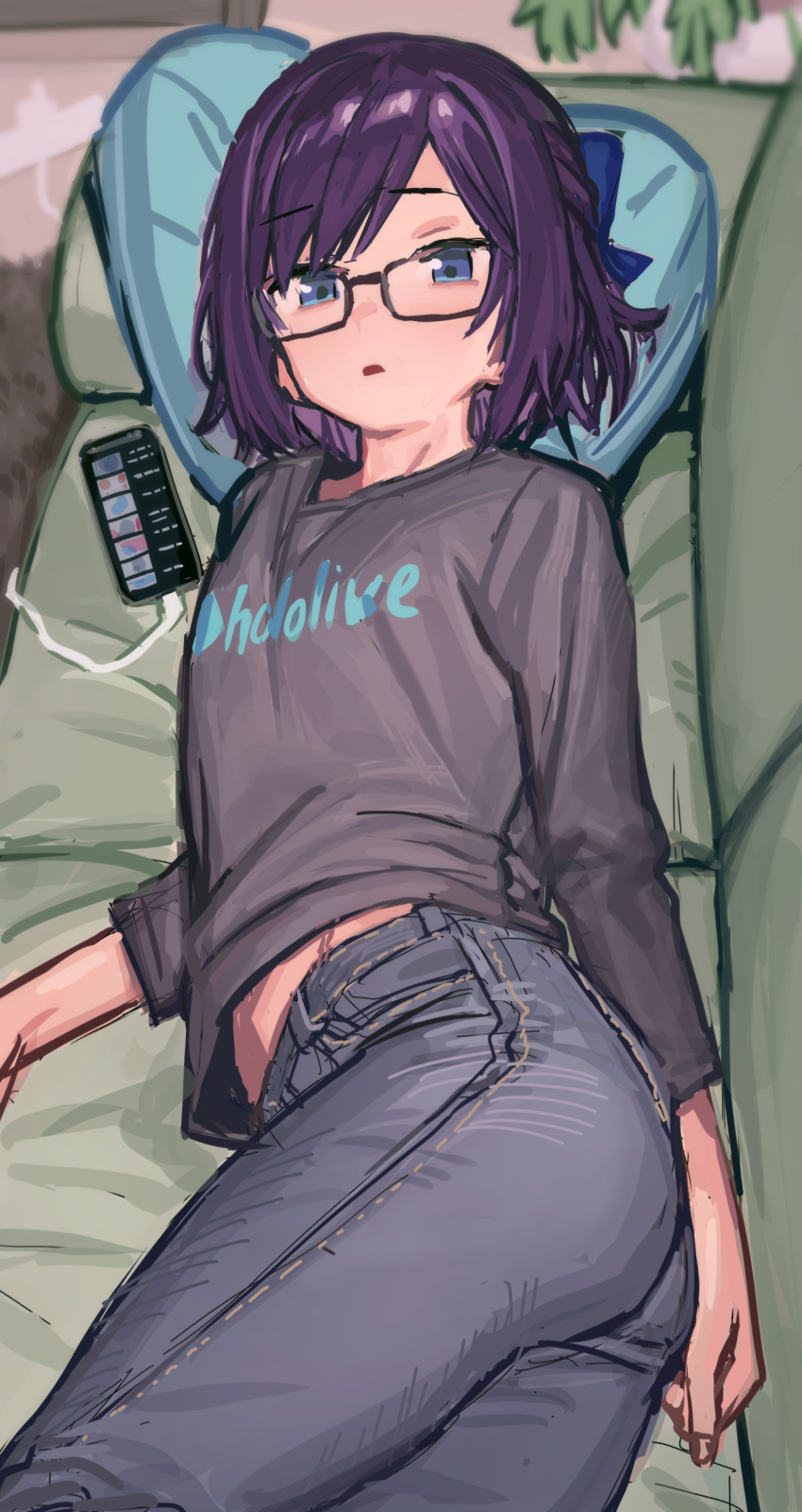 1girl, a-chan_(1st_costume)_(hololive), a-chan_(hololive), absurdres, black-framed_eyewear, black_pants, black_shirt, blue_eyes, cellphone, clothes_writing, copyright_name, glasses, heart, heart-shaped_pillow, highres, hololive, looking_at_viewer, lying, on_side, open_mouth, pants, phone, pillow, purple_hair, shirt, smartphone, solo, tenchisouha, virtual_youtuber
