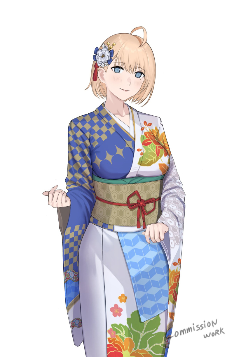 1girl, acr_(girls'_frontline), acr_(ultramarine_fragrance)_(girls'_frontline), ahoge, blonde_hair, blue_eyes, breasts, closed_mouth