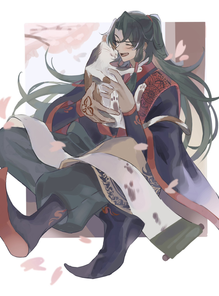 1boy, animal, black_hanfu, calico, chinese_clothes, closed_eyes, command_spell, falling_petals