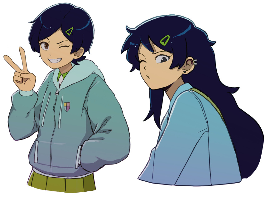 1girl, amphibia, black_hair, brown_eyes, clenched_teeth, cowboy_shot, dark_skin, denim, denim_jacket, ear_piercing, earrings, from_side, green_skirt, hair_ornament, hairclip, hand_in_pocket, highres, hood, hoodie, jacket, jewelry, junsui_(omori0310), long_hair, looking_at_viewer, marcy_wu, multiple_views, one_eye_closed, piercing, pleated_skirt, short_hair, skirt, smile, swept_bangs, teeth, v, white_background