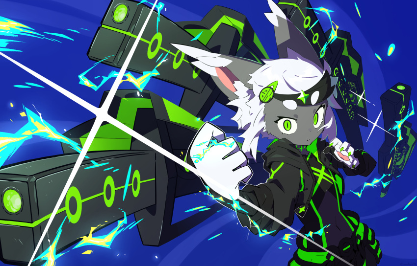 1boy, animal_ears, black_jacket, blue_background, body_fur, cat_boy, cat_ears, claws