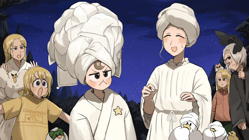 6+girls, :d, :o, animal_on_head, bandaid, bandaid_on_face, bird, blonde_hair