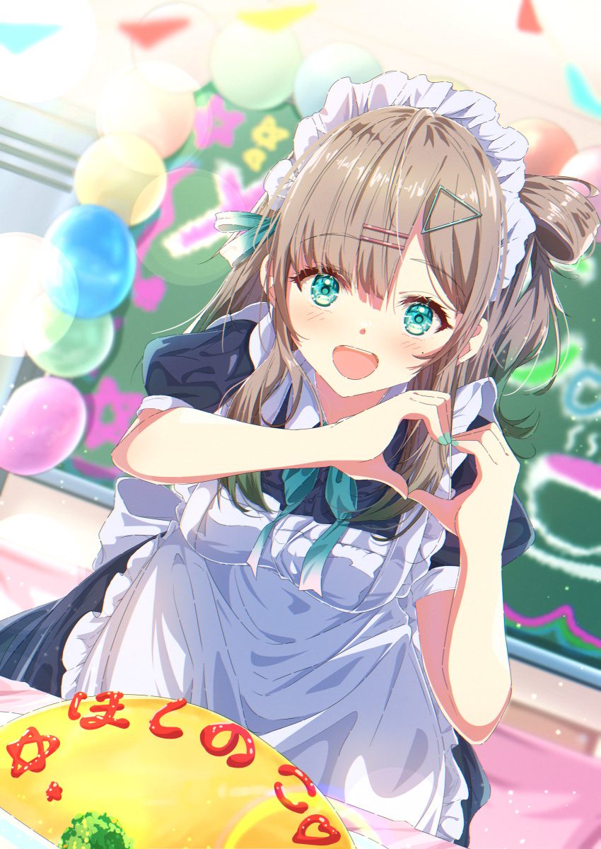 1girl, absurdres, alternate_costume, balloon, blue_eyes, blurry, blurry_background, blush