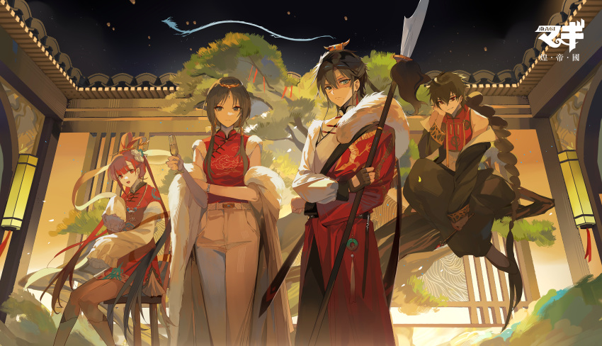 2boys, 2girls, :d, absurdres, architecture, black_hair, blue_eyes, blue_hair