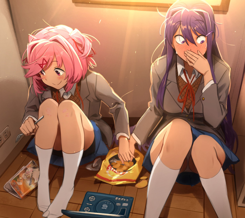 2girls, absurdres, blush, chips_(food), doki_doki_literature_club, eating, food, hair_ornament