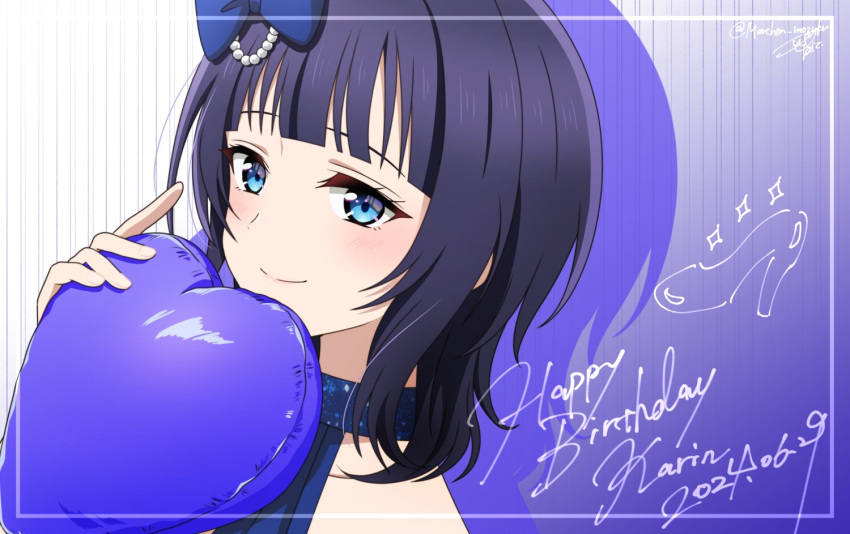 1girl, asaka_karin, blue_bow, blue_dress, blue_eyes, blue_hair, bow, character_name