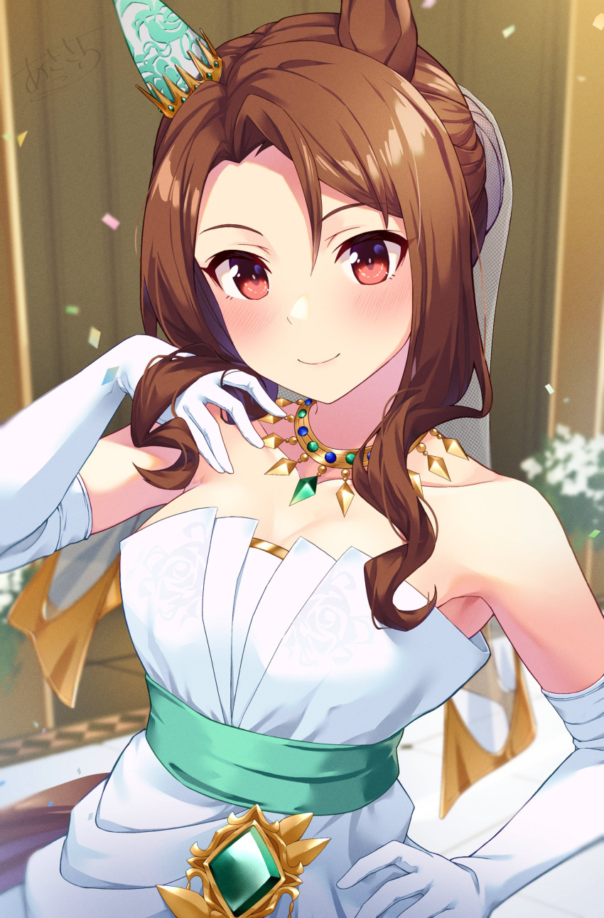 1girl, absurdres, animal_ears, atelier_z44, bride, brown_hair, dress, ear_covers