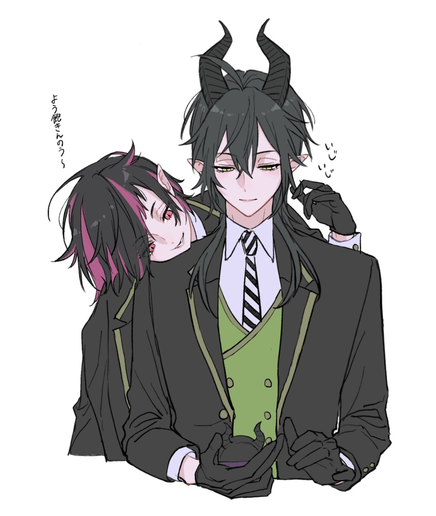 2boys, ahoge, black_gloves, black_hair, black_jacket, collared_shirt, commentary_request, diagonal_bangs