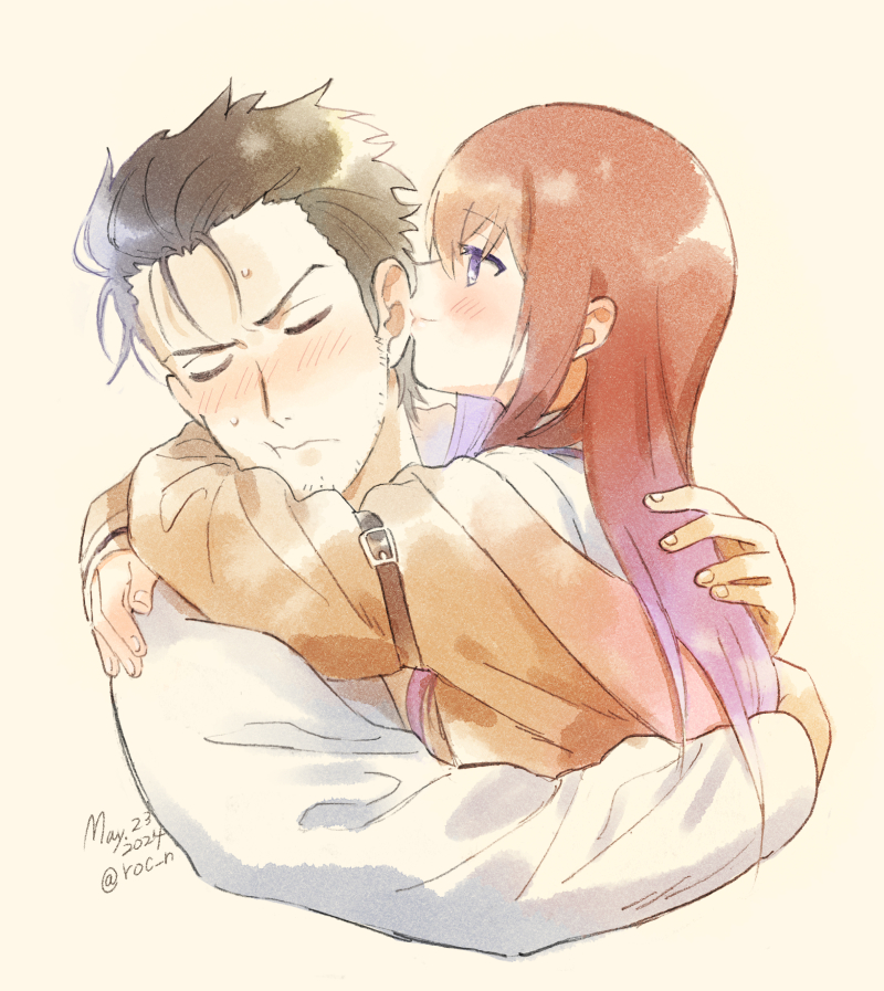 1boy, 1girl, black_hair, blush, brown_hair, closed_eyes, couple, hetero, hug, jacket, kissing_ear, lab_coat, long_hair, makise_kurisu, okabe_rintarou, profile, rocni, steins;gate, upper_body, violet_eyes