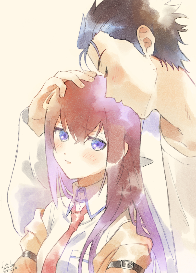 1boy, 1girl, black_hair, blush, brown_hair, closed_eyes, collared_shirt, couple, facial_hair, hand_on_another's_head, hetero, jacket, lab_coat, makise_kurisu, necktie, okabe_rintarou, open_clothes, open_jacket, pout, red_necktie, rocni, shirt, steins;gate, stubble, upper_body, violet_eyes