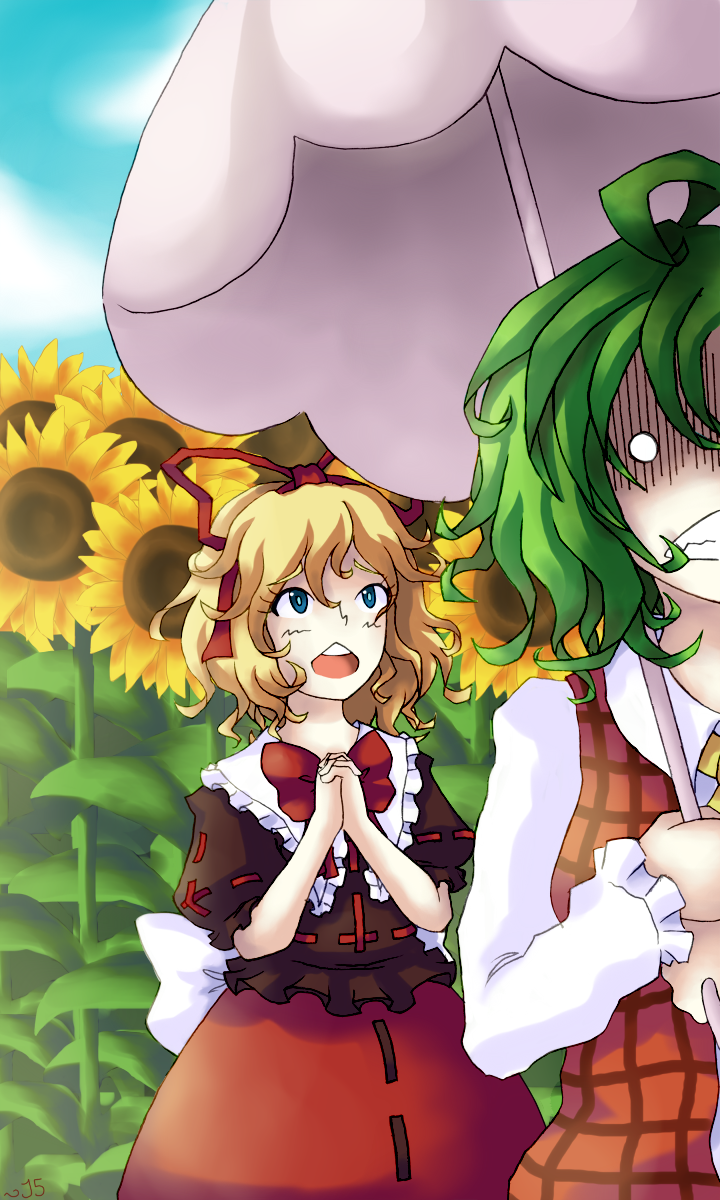 2girls, blonde_hair, daigada, flower, green_hair, kazami_yuuka, medicine_melancholy, multiple_girls