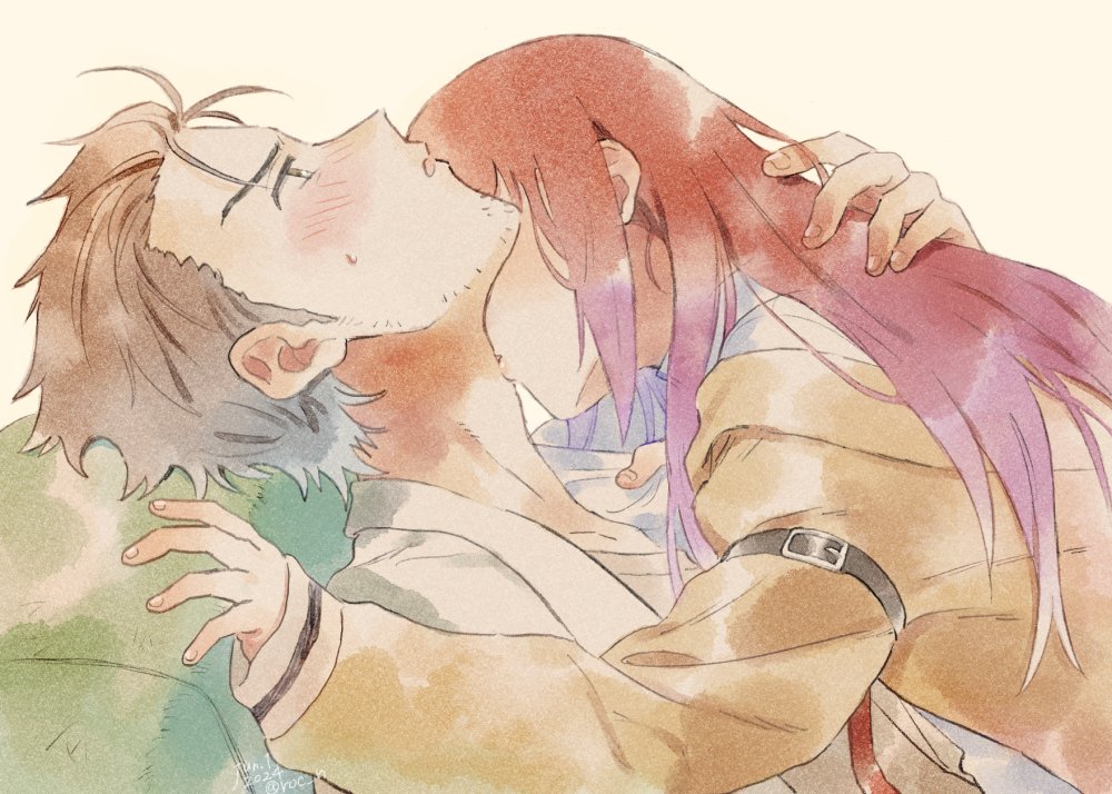 1boy, 1girl, black_hair, blush, brown_hair, couple, facial_hair, hetero