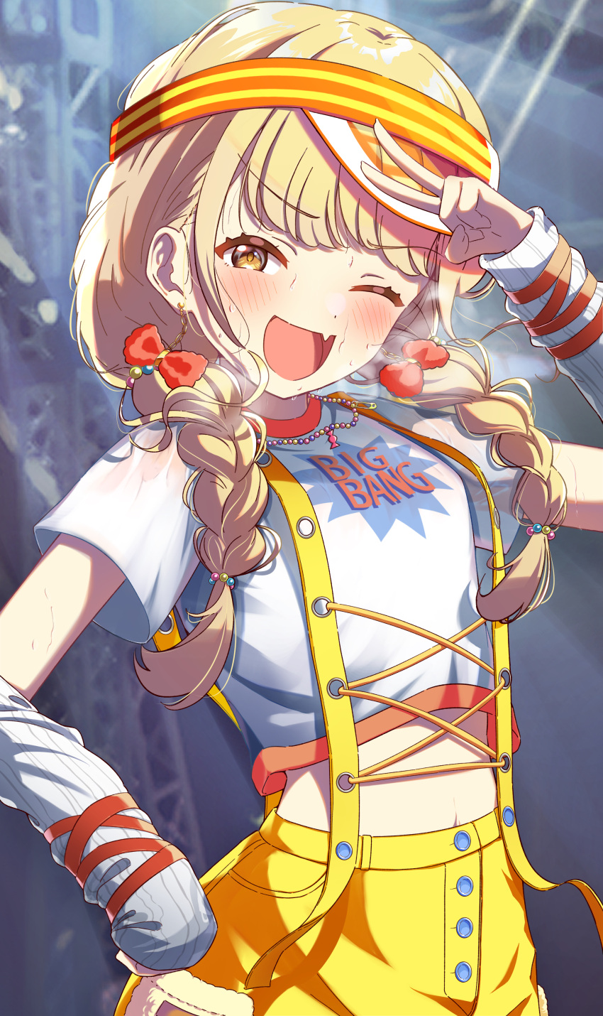 1girl, :d, absurdres, arm_up, blonde_hair, bow, braid, commentary_request, crop_top, earrings, fang, fujita_kotone, gakuen_idolmaster, hair_bow, hair_ornament, hair_ribbon, highres, idolmaster, jewelry, long_hair, looking_at_viewer, midriff, one_eye_closed, orange_eyes, ribbon, rio_beginner, shirt, short_sleeves, smile, solo, standing, twin_braids, v