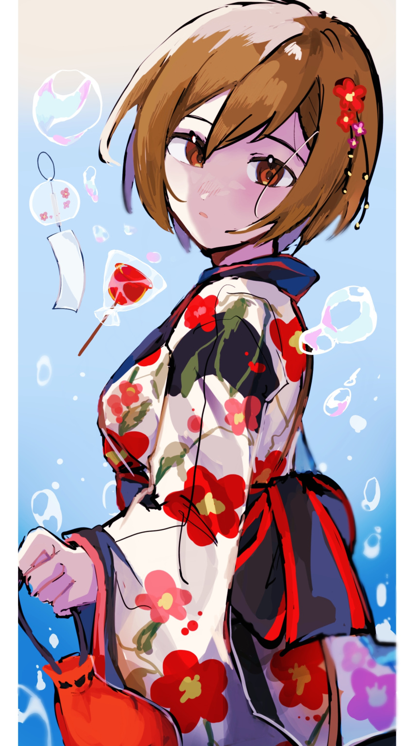 1girl, absurdres, black_bow, black_bowtie, blush, border, bow, bowtie, brown_eyes, brown_hair, bubble, commentary_request, floral_print, flower, from_side, gradient_background, hair_between_eyes, hair_flower, hair_ornament, highres, japanese_clothes, kimono, long_sleeves, meiko_(vocaloid), open_mouth, pouch, red_flower, short_hair, sketch, smile, solo, susuki_(pixiv_99838945), upper_body, vocaloid, white_border, wind_chime, yukata