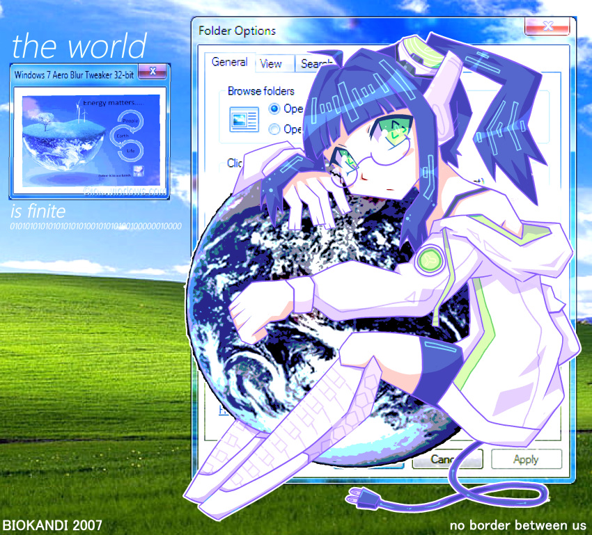 1girl, 2000s_(style), 2007, android, biokandi, bliss_(image), blue_hair, cable, cable_tail, cyber_fashion, earth_(planet), frutiger_aero, glasses, green_eyes, highres, holding_planet, hood, hoodie, looking_at_viewer, mecha_musume, mechanical_tail, microsoft_windows, original, planet, robot, robot_ears, science_fiction, sitting, solo, tail, window_(computing), windows_7, windows_xp