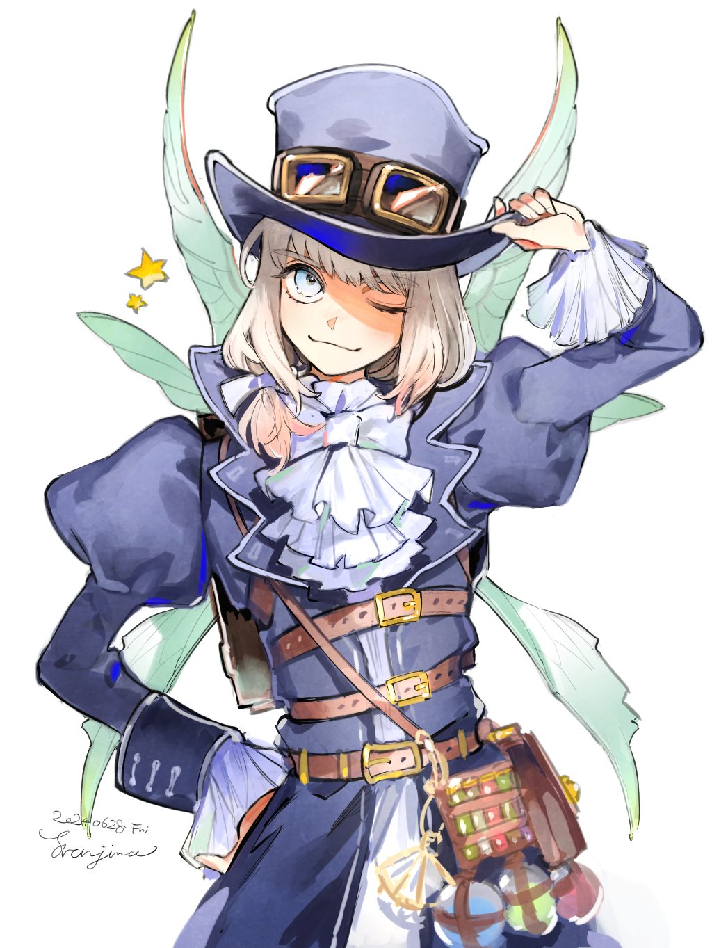 1boy, ascot, belt, blue_eyes, dated, fate/grand_order, fate_(series), goggles, goggles_on_headwear, grey_hair, hat, highres, juliet_sleeves, long_sleeves, male_focus, oberon_(fate), one_eye_closed, puffy_sleeves, signature, smile, tetsujima, top_hat, wings