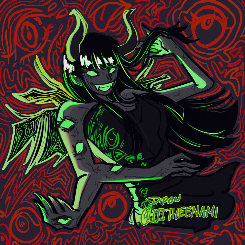1girl, black_hair, blunt_bangs, blunt_ends, cropped_legs, devil_child, dress, evil_smile