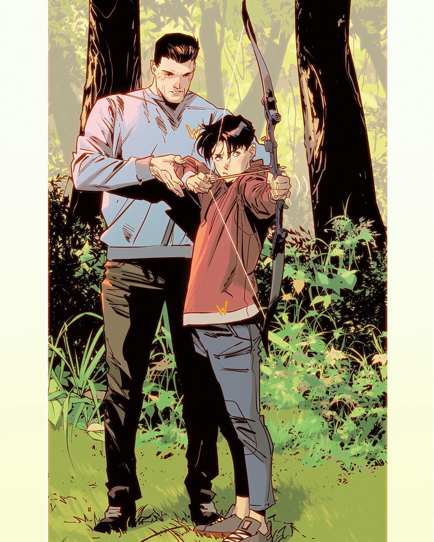 2boys, age_difference, batman_(series), border, bow_(weapon), bruce_wayne, closed_mouth, commentary