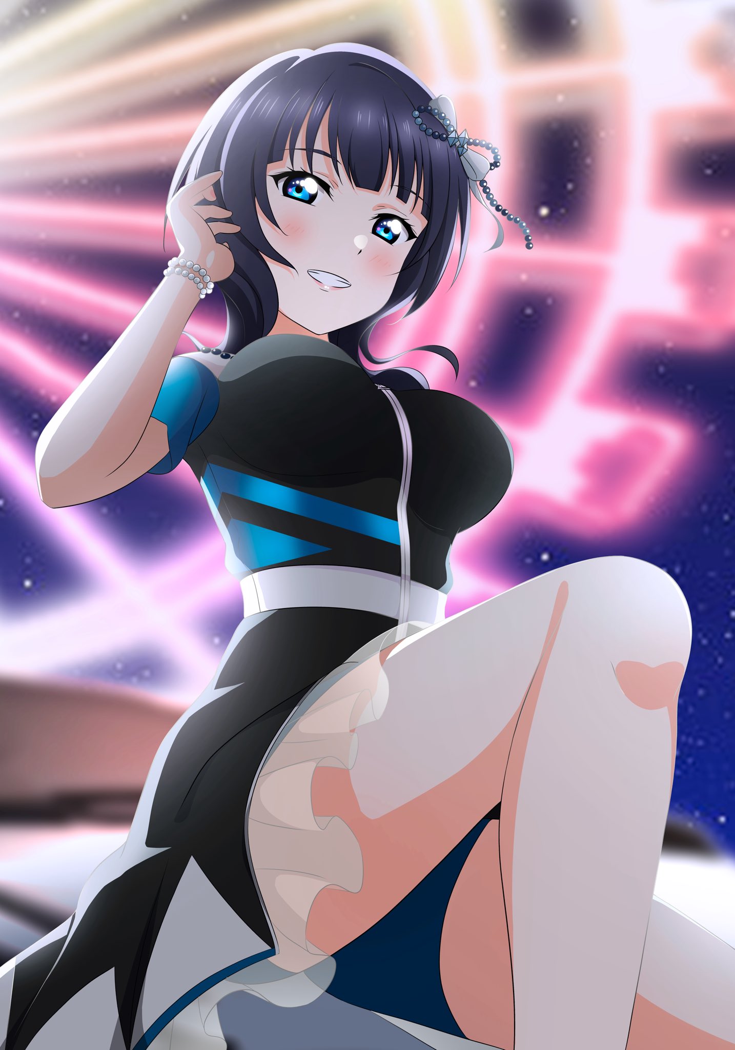 1girl, asaka_karin, black_dress, blue_eyes, blue_hair, blue_shorts, blush, bracelet