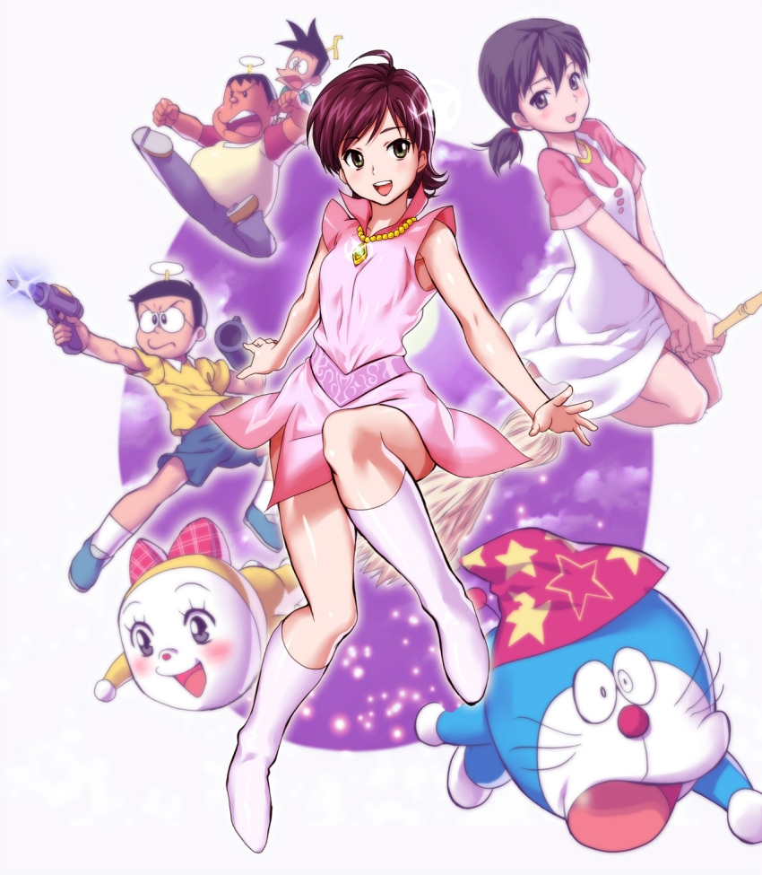 broom_riding, daichouhen_doraemon, doraemon, doraemon:_nobita_no_makai_daibouken, doraemon_(character), dorami, g-tetsu, gouda_takeshi, gun, hat, highres, honekawa_suneo, jewelry, mangetsu_miyoko, minamoto_shizuka, nobi_nobita, pendant, socks, takecopter, weapon, white_legwear, white_socks, wizard_hat