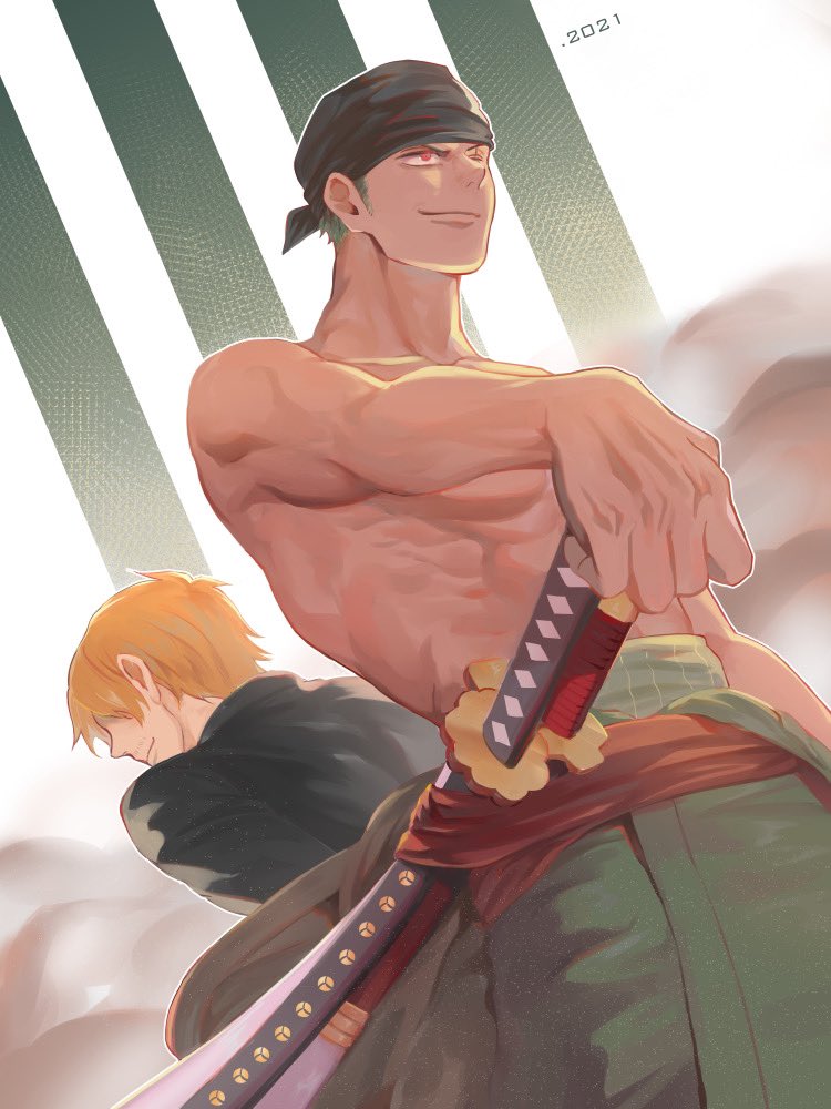2021, 2boys, bandana, black_bandana, blonde_hair, closed_mouth, commentary_request, dutch_angle