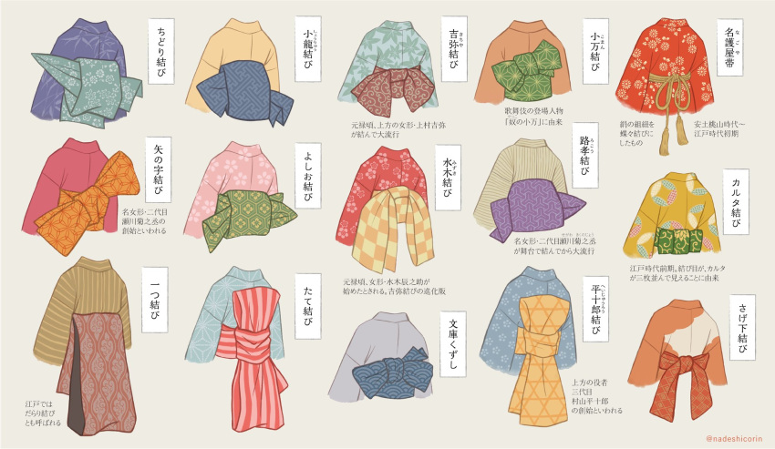 bamboo_print, blue_kimono, bow, brown_kimono, chart, checkered_clothes, cherry_blossom_print, commentary_request, floral_print, grey_kimono, highres, japanese_clothes, kagome_(pattern), kikumon, kimono, leaf_print, maple_leaf_print, nadeshiko_rin, no_humans, obi, obijime, orange_kimono, original, pattern_request, pink_kimono, red_kimono, rope, sash, seigaiha, shippou_(pattern), striped_bow, striped_clothes, striped_kimono, tassel, translation_request, twitter_username, unworn_kimono, vertical-striped_clothes, vertical-striped_kimono