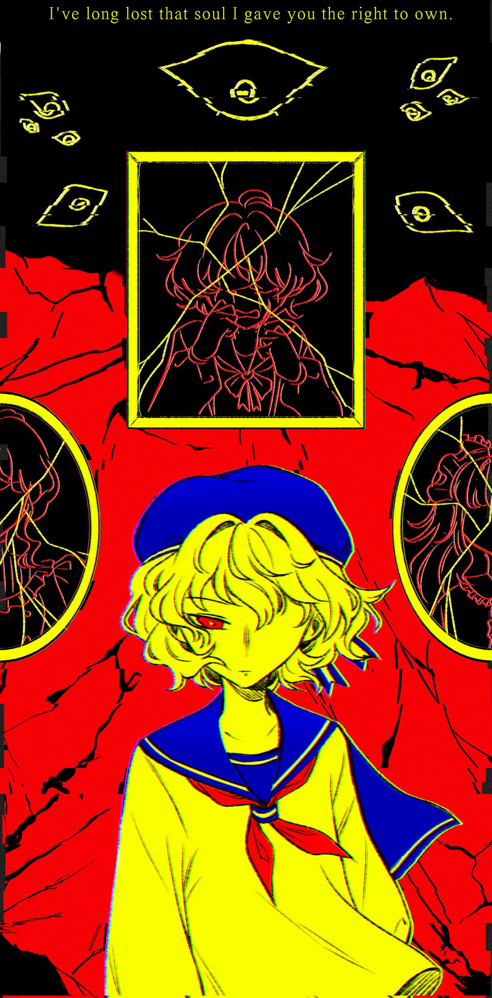 1boy, 2girls, broken_mirror, brother_and_sister, goldia_die_heilige, hat, henri_die_heilige, highres