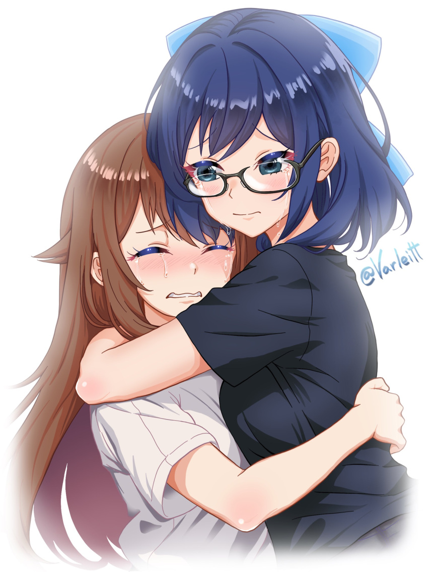 2girls, a-chan_(hololive), absurdres, black_shirt, blue_eyes, blue_hair, blush, bow