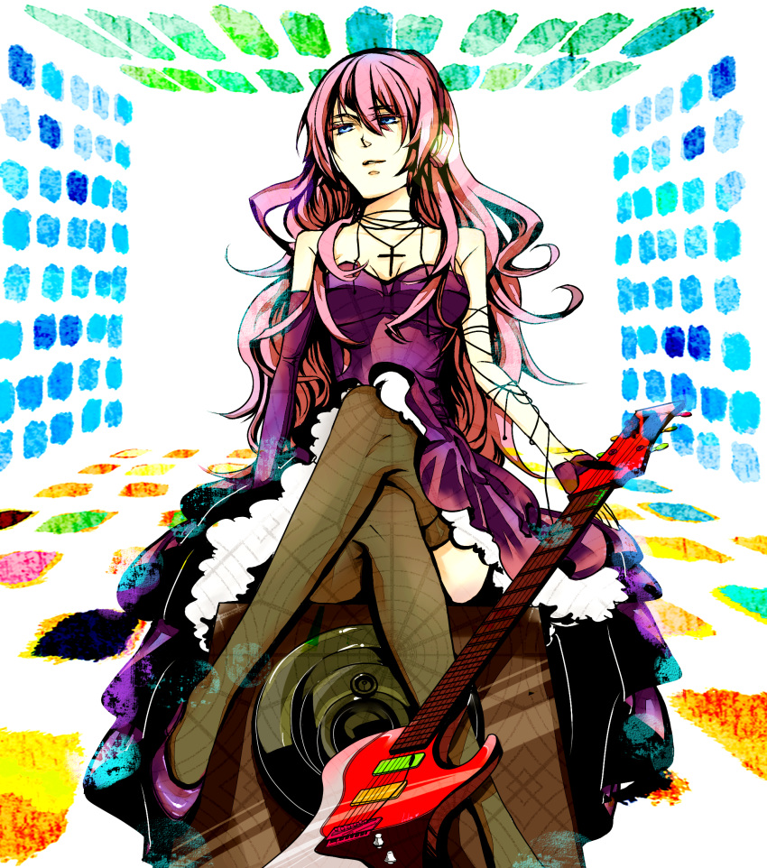 absurdres, blue_eyes, cross, crossed_legs, dress, elbow_gloves, gloves, guitar, headband, highres, instrument, kottie, long_hair, megurine_luka, pink_hair, sitting, smile, solo, speaker, thigh-highs, thighhighs, vocaloid