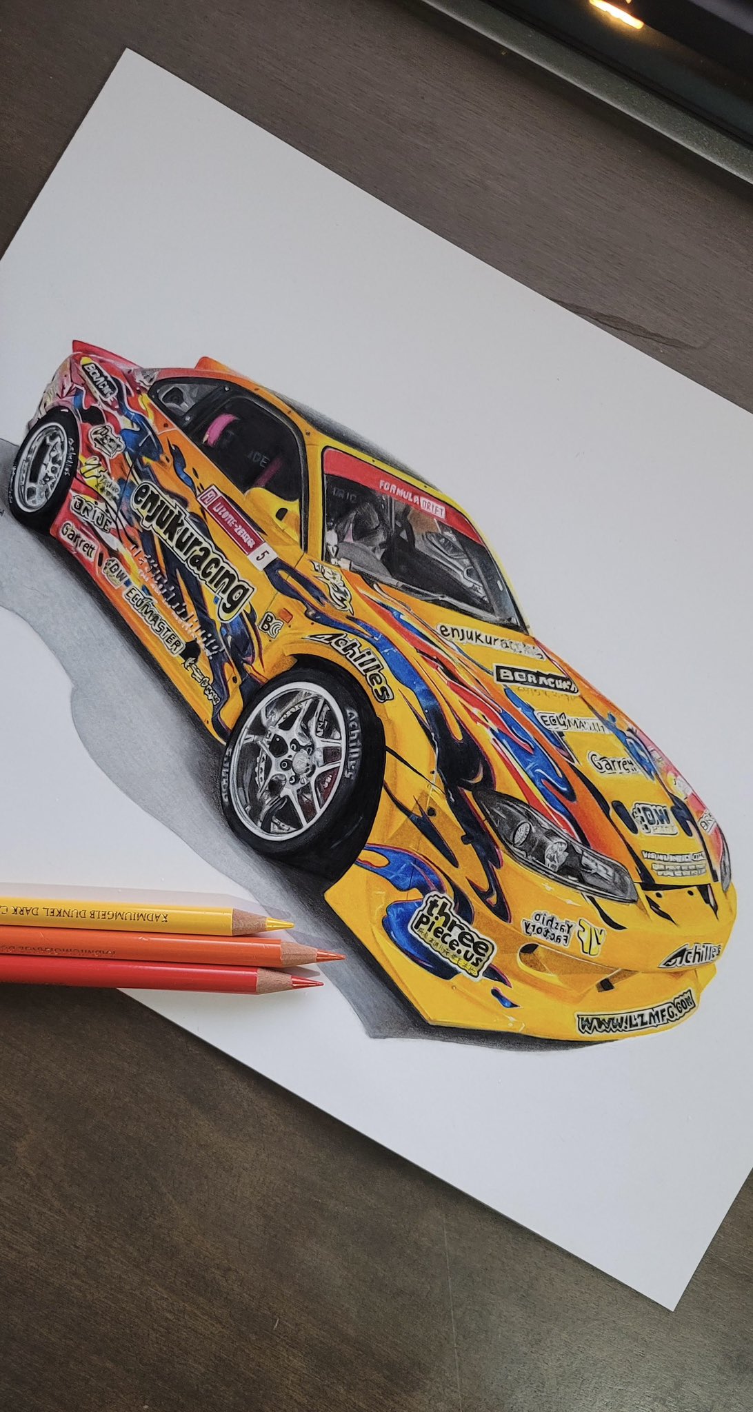 art_tools_in_frame, car, colored_pencil, colored_pencil_(medium), english_commentary, formula_drift, hannah_(handrawnby), highres