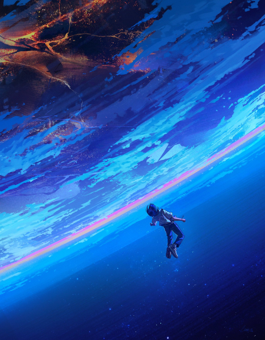 1other, ambiguous_gender, blue_hair, blue_pants, city_lights, commentary, english_commentary, floating, highres, jocelin_carmes, original, pants, planet, scenery, shirt, short_hair, sky, solo, space, star_(sky), starry_sky, t-shirt, wide_shot