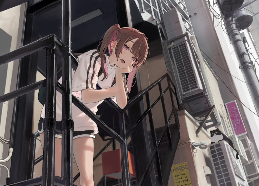 1girl, against_railing, asymmetrical_bangs, black_cat, black_shirt, black_shorts, blunt_bangs, breasts