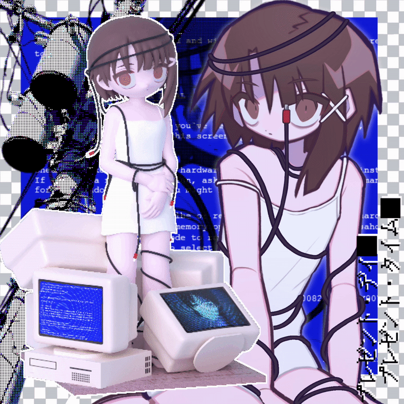 1girl, 3d, abstract_background, animated, animated_gif, asymmetrical_hair, blinking, blue_screen_of_death