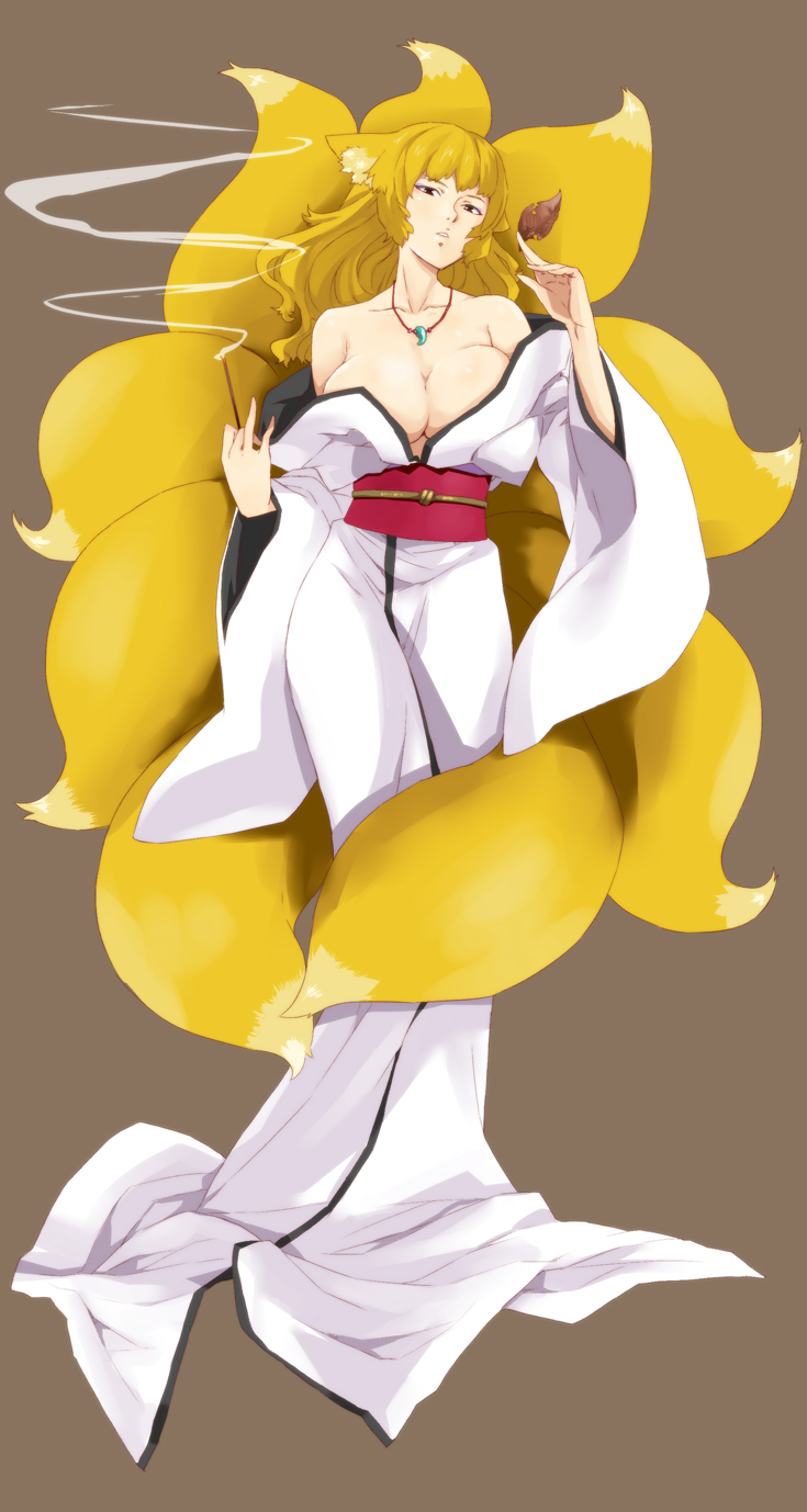 animal_ears, bare_shoulders, blonde_hair, breasts, cleavage, eyeshadow, face, fox_ears
