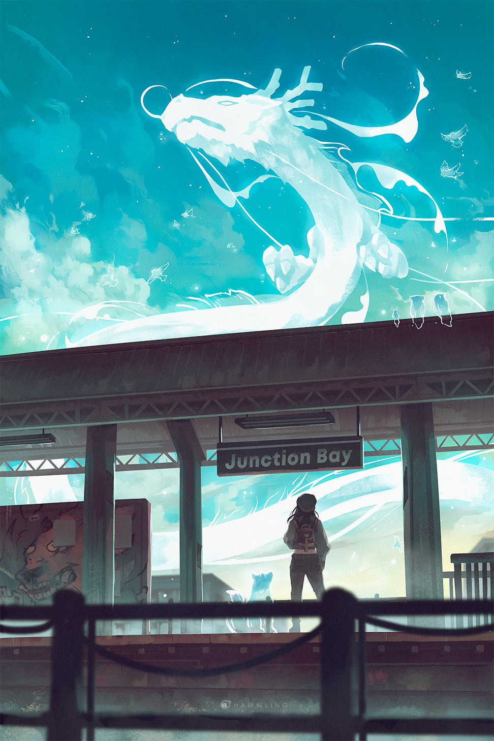 1girl, backpack, bag, bird, black_pants, blue_sky, ceiling_light, clouds